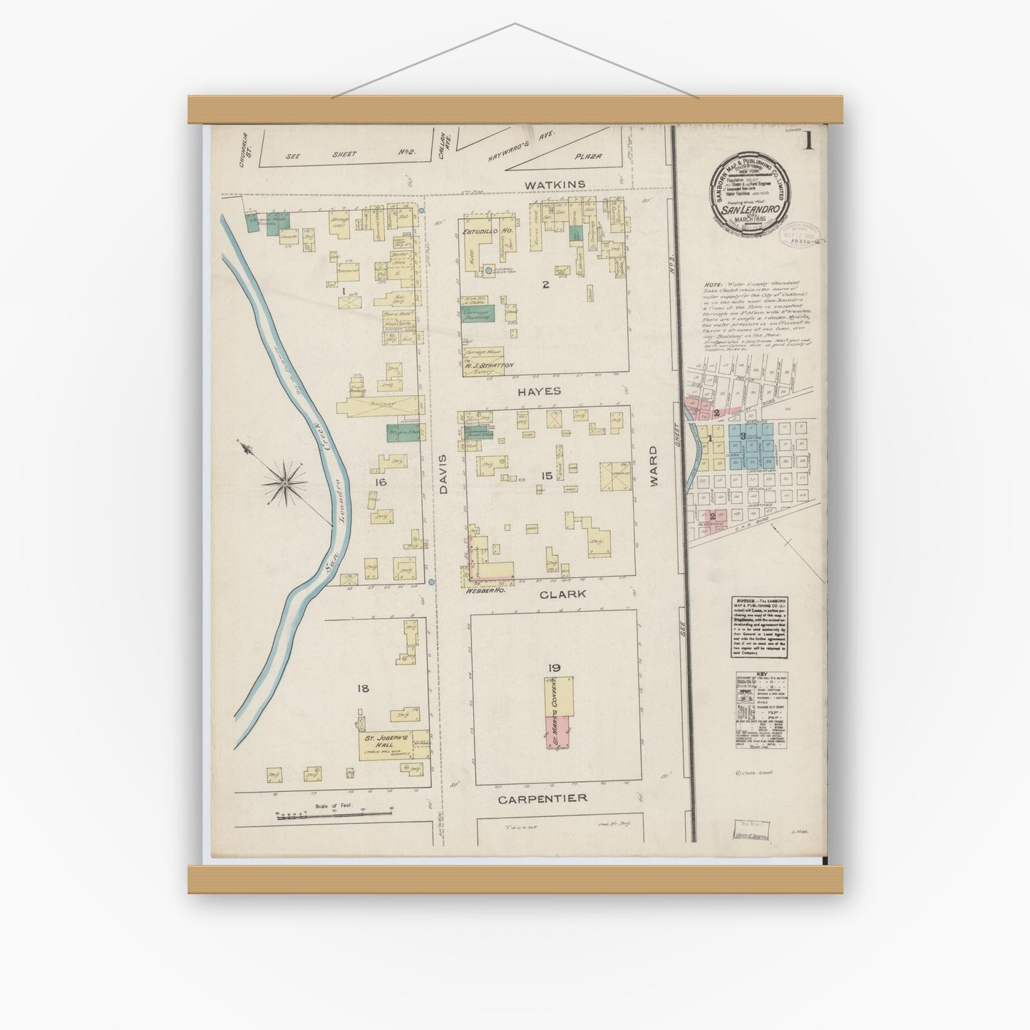 Old map wall art mockup — magnetic wood frame on white wall — Sanborn Fire Insurance Map from San Leandro, Alameda County, California (1885) - Complete Map Set
