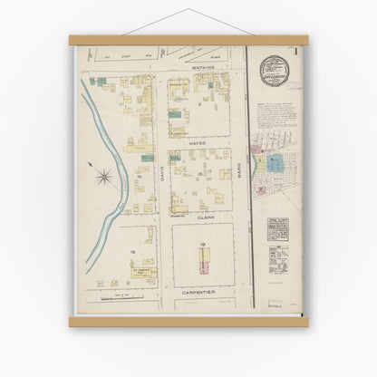 Old map wall art mockup — magnetic wood frame on white wall — Sanborn Fire Insurance Map from San Leandro, Alameda County, California (1885) - Complete Map Set