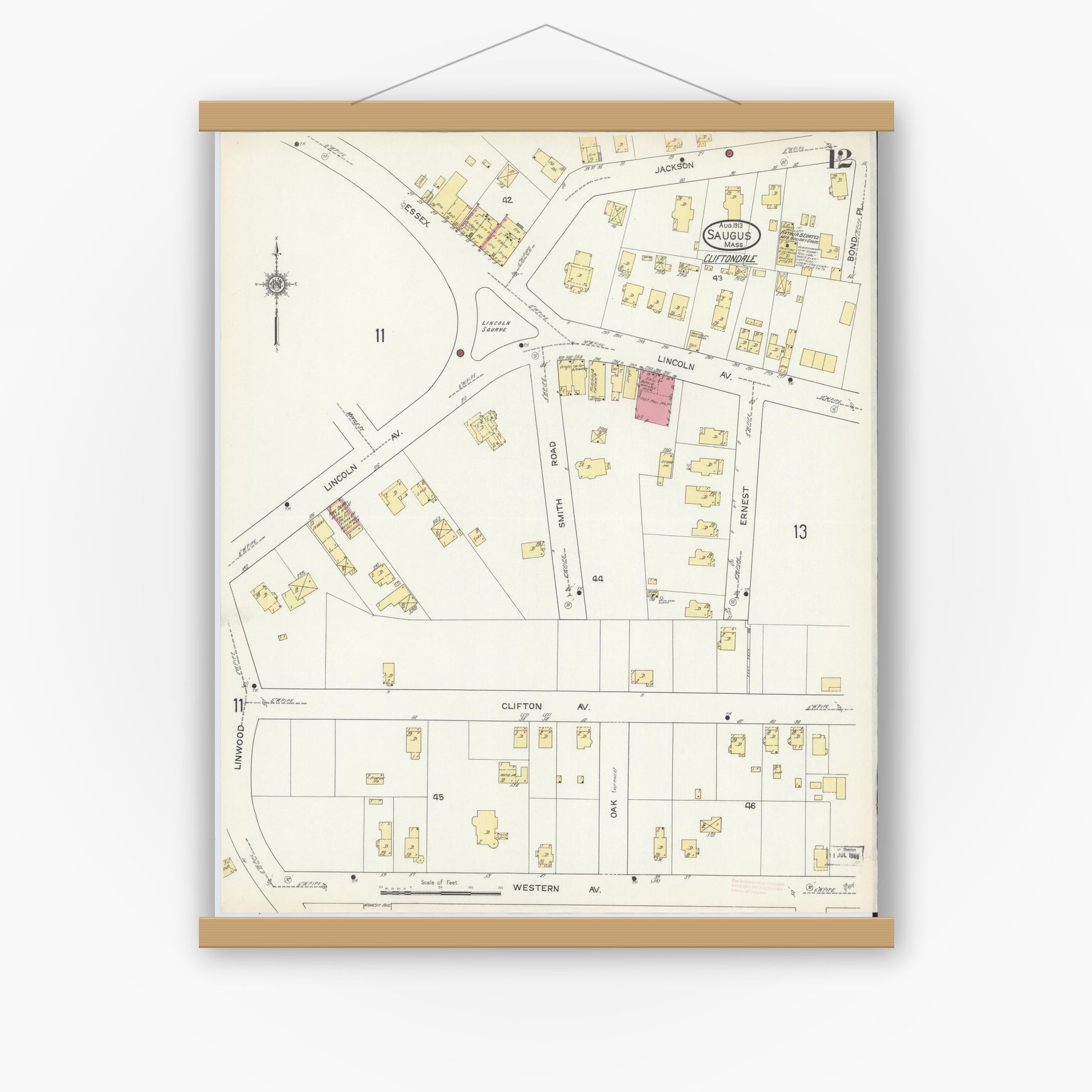 Old map wall art mockup — magnetic wood frame on white wall — Sanborn Fire Insurance Map from Saugus, Essex County, Massachusetts (1913), Sheet #0012