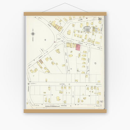 Old map wall art mockup — magnetic wood frame on white wall — Sanborn Fire Insurance Map from Saugus, Essex County, Massachusetts (1913), Sheet #0012