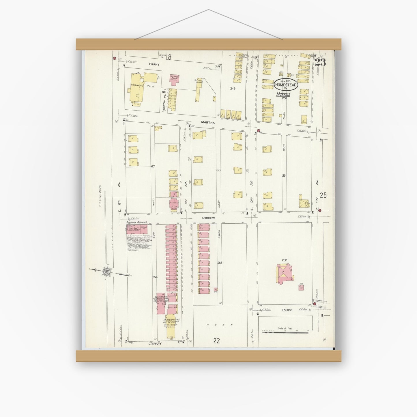 Old map wall art mockup — magnetic wood frame on white wall — Sanborn Fire Insurance Map from Homestead, Allegheny County, Pennsylvania (1913), Sheet #0023