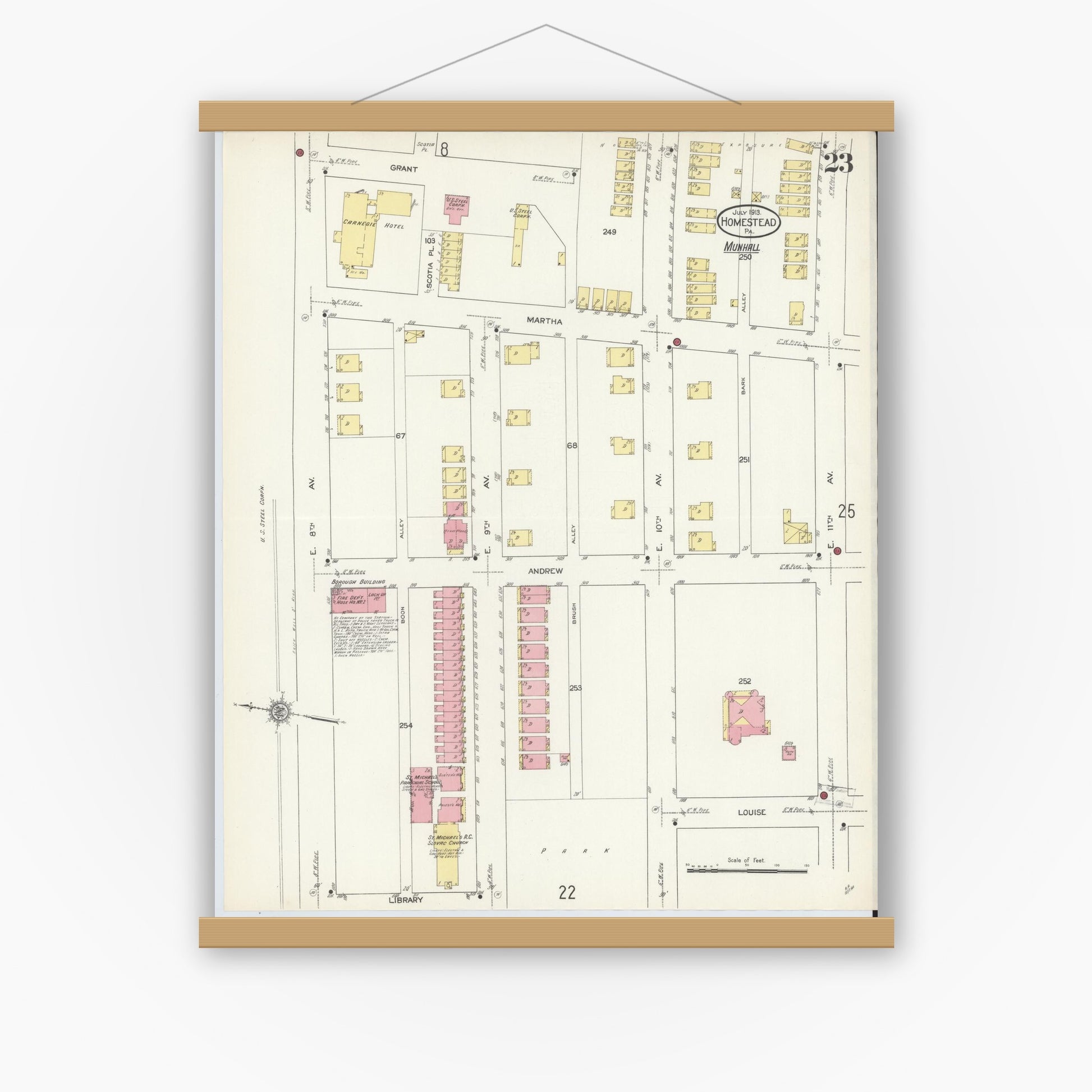 Old map wall art mockup — magnetic wood frame on white wall — Sanborn Fire Insurance Map from Homestead, Allegheny County, Pennsylvania (1913), Sheet #0023