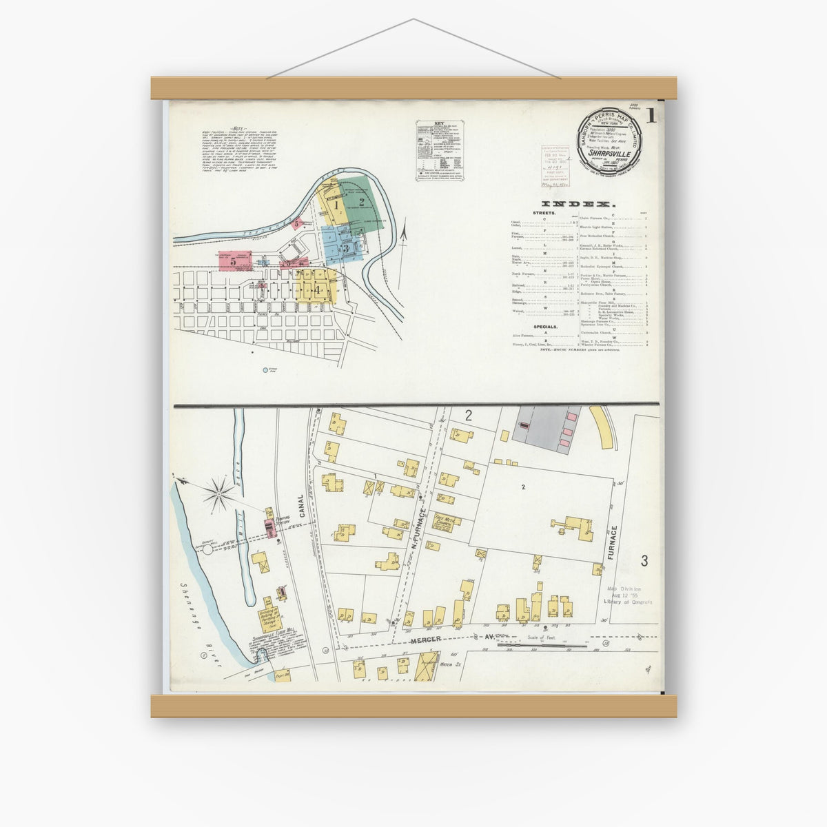 Old map wall art mockup — magnetic wood frame on white wall — Sanborn Fire Insurance Map from Sharpsville, Mercer County, Pennsylvania (1900) - Complete Map Set