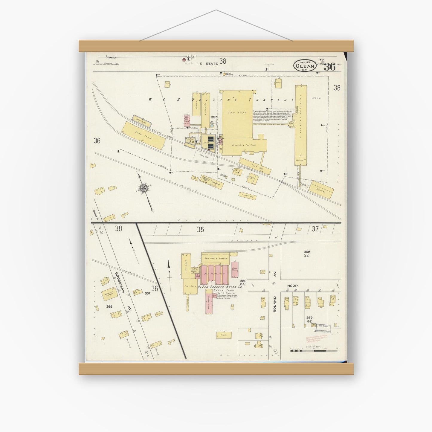 Old map wall art mockup — magnetic wood frame on white wall — Sanborn Fire Insurance Map from Olean, Cattaraugus County, New York (1915), Sheet #0036