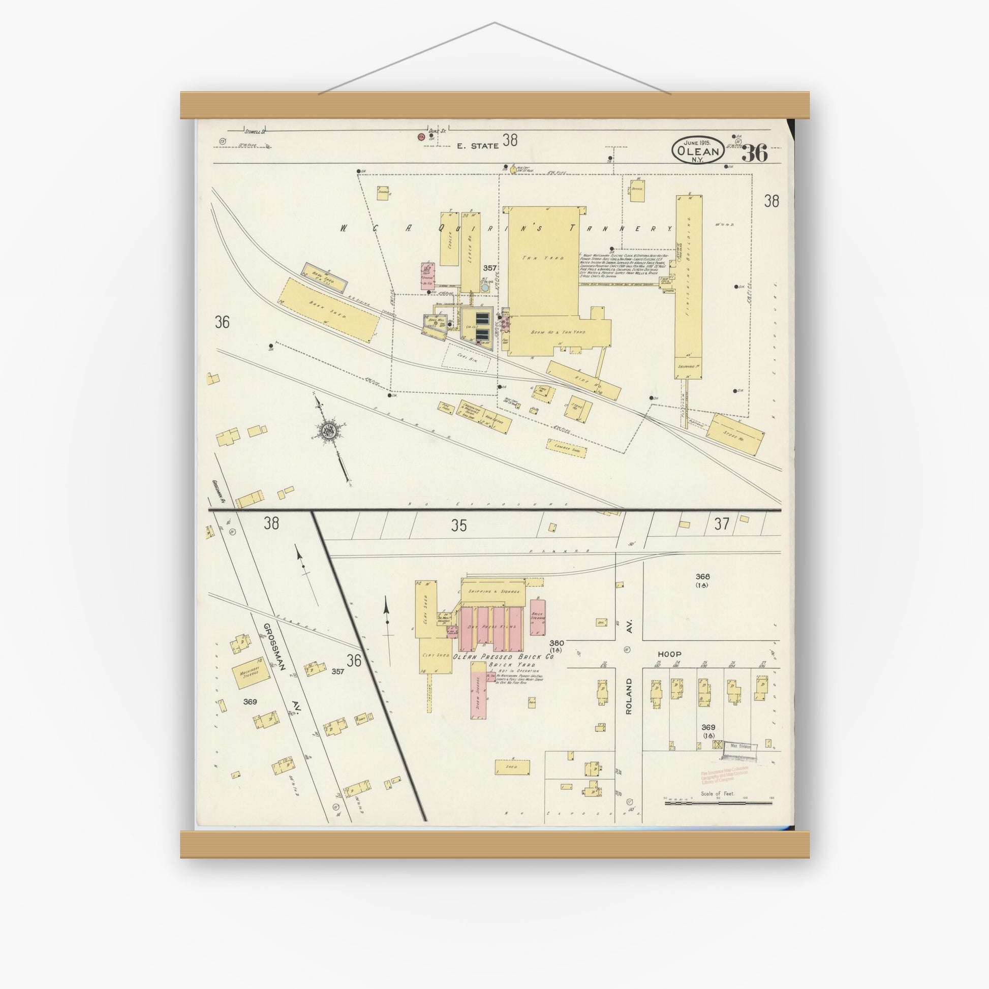Old map wall art mockup — magnetic wood frame on white wall — Sanborn Fire Insurance Map from Olean, Cattaraugus County, New York (1915), Sheet #0036