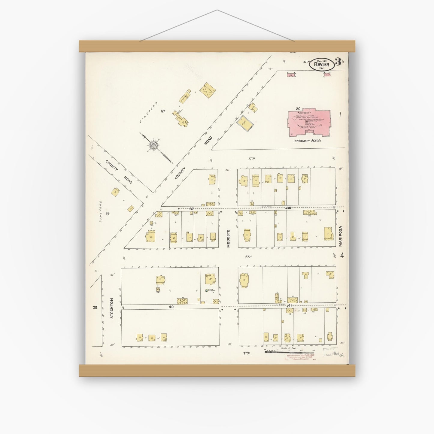 Old map wall art mockup — magnetic wood frame on white wall — Sanborn Fire Insurance Map from Fowler, Fresno County, California (1911), Sheet #0003