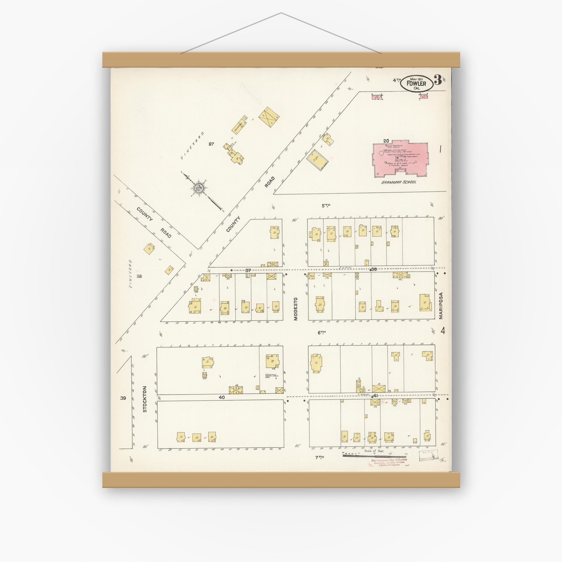 Old map wall art mockup — magnetic wood frame on white wall — Sanborn Fire Insurance Map from Fowler, Fresno County, California (1911), Sheet #0003