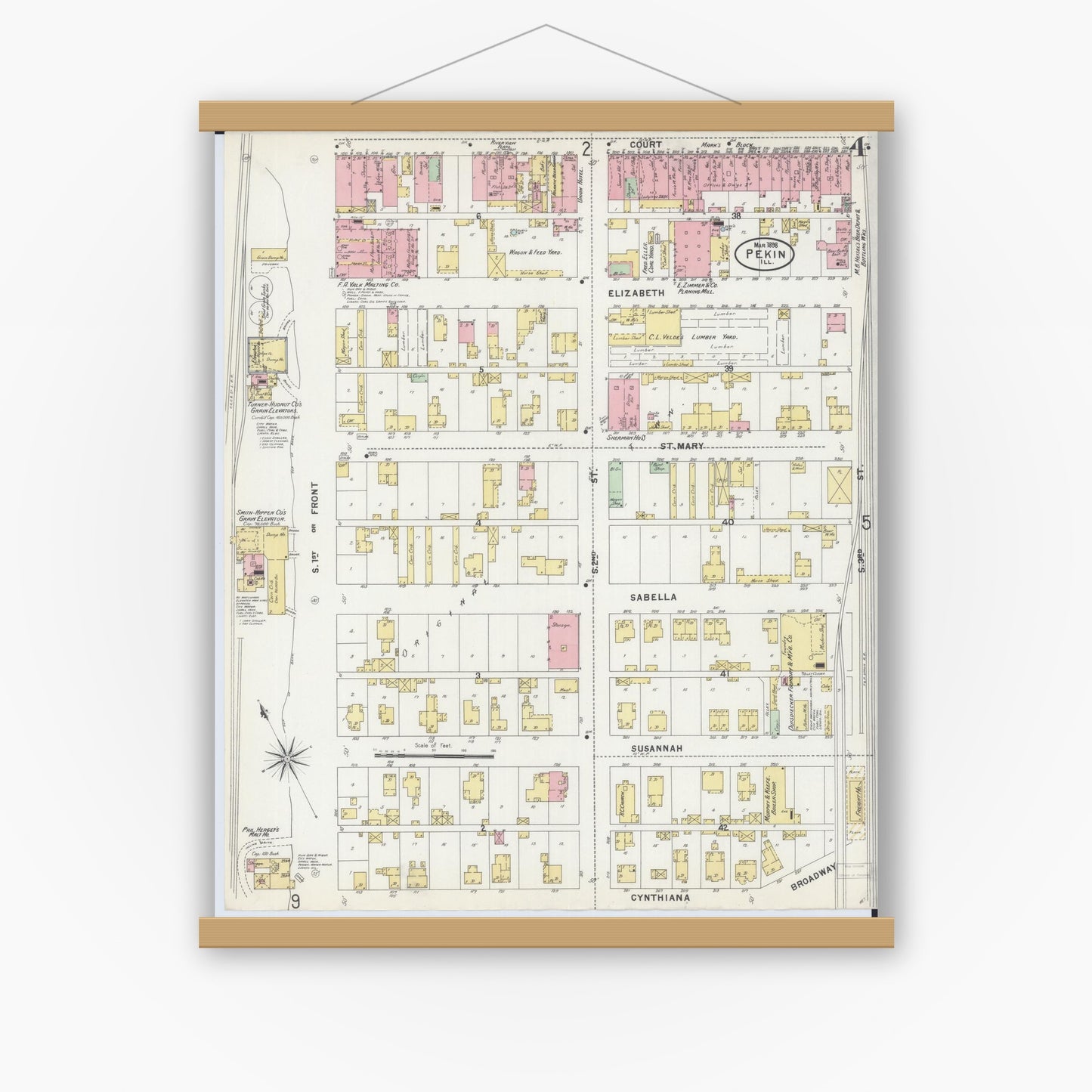 Old map wall art mockup — magnetic wood frame on white wall — Sanborn Fire Insurance Map from Pekin, Tazewell County, Illinois (1898), Sheet #0004