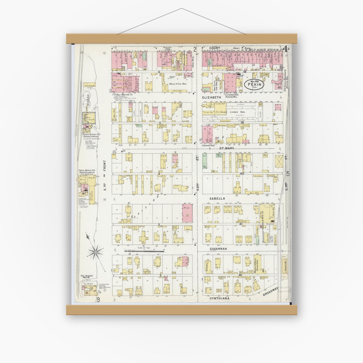 Old map wall art mockup — magnetic wood frame on white wall — Sanborn Fire Insurance Map from Pekin, Tazewell County, Illinois (1898), Sheet #0004