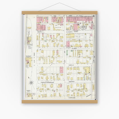 Old map wall art mockup — magnetic wood frame on white wall — Sanborn Fire Insurance Map from Pekin, Tazewell County, Illinois (1898), Sheet #0004