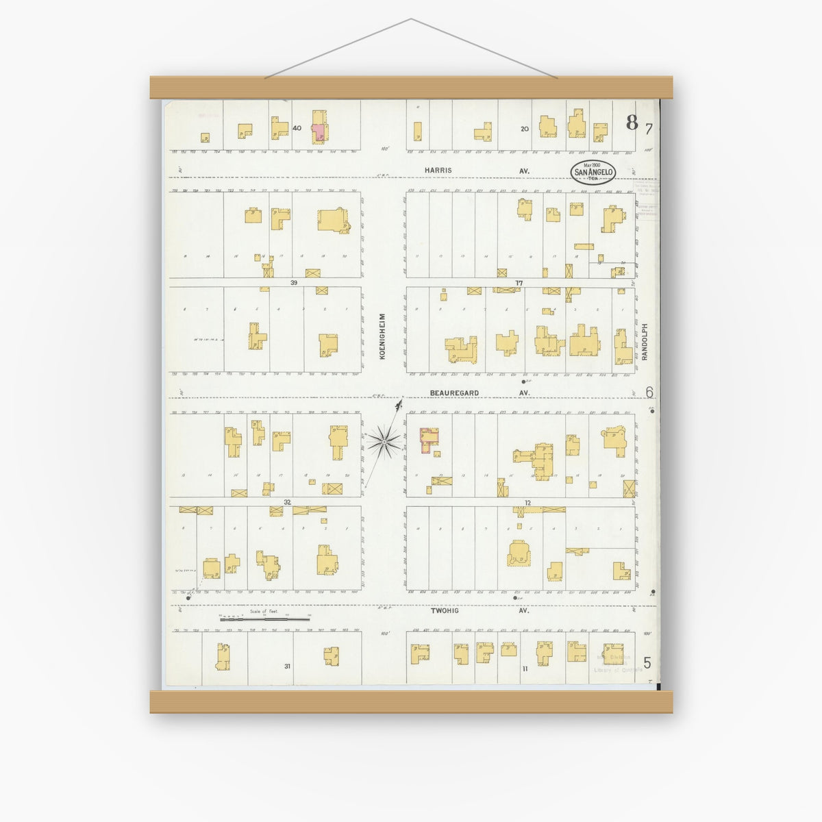 Old map wall art mockup — magnetic wood frame on white wall — Sanborn Fire Insurance Map from San Angelo, Tom Green County, Texas (1900), Sheet #0008