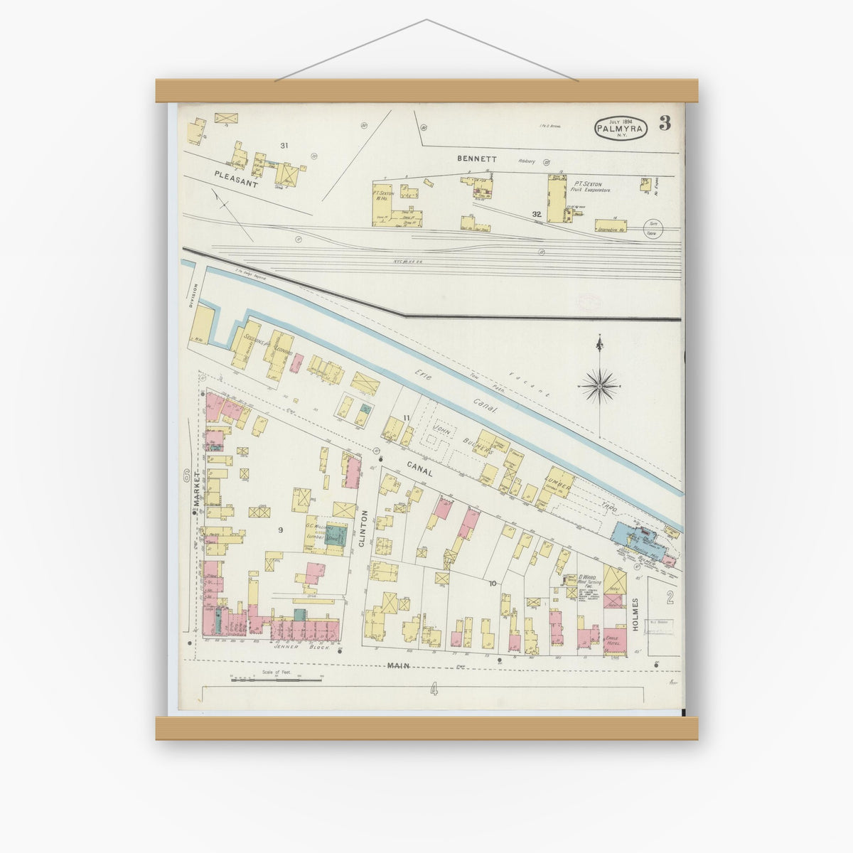 Old map wall art mockup — magnetic wood frame on white wall — Sanborn Fire Insurance Map from Palmyra, Wayne County, New York (1894), Sheet #0003