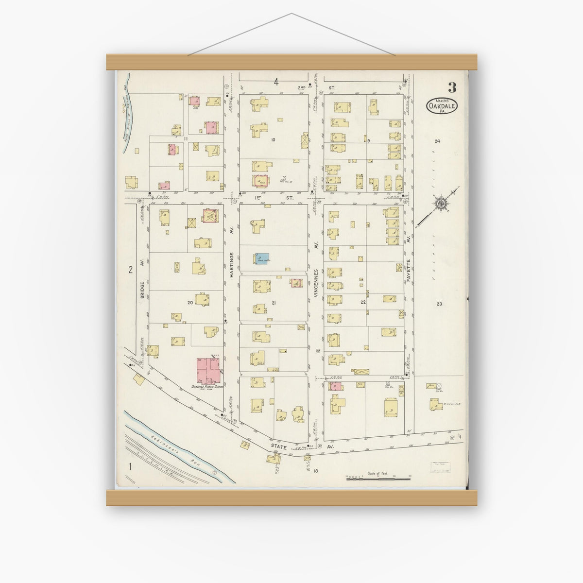 Old map wall art mockup — magnetic wood frame on white wall — Sanborn Fire Insurance Map from Oakdale, Allegheny County, Pennsylvania (1915), Sheet #0003