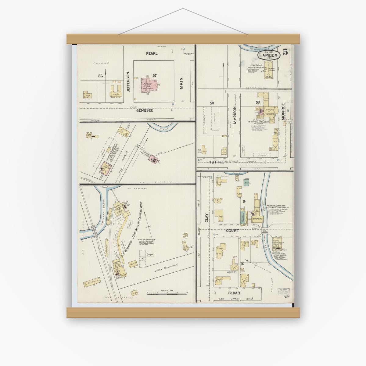 Old map wall art mockup — magnetic wood frame on white wall — Sanborn Fire Insurance Map from Lapeer, Lapeer County, Michigan (1888), Sheet #0005