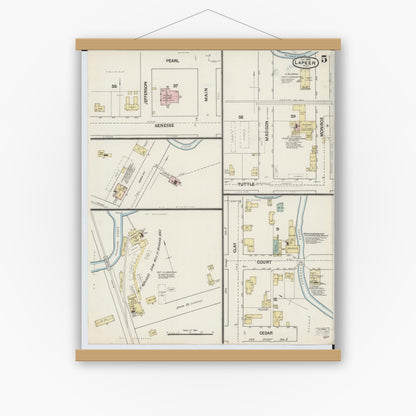 Old map wall art mockup — magnetic wood frame on white wall — Sanborn Fire Insurance Map from Lapeer, Lapeer County, Michigan (1888), Sheet #0005