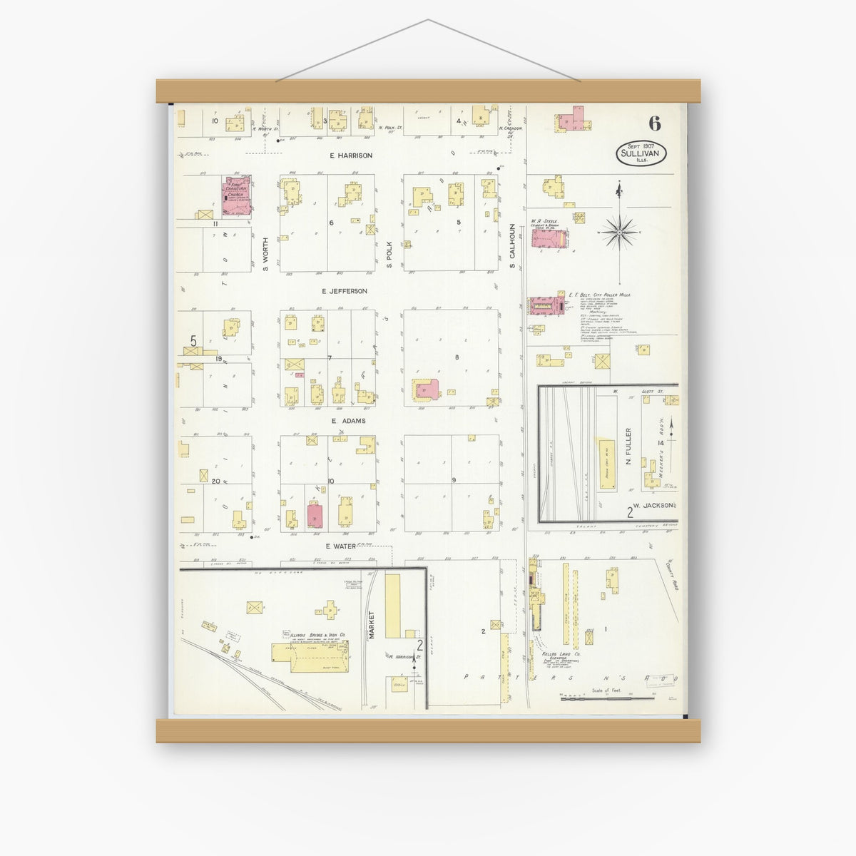 Old map wall art mockup — magnetic wood frame on white wall — Sanborn Fire Insurance Map from Sullivan, Moultrie County, Illinois (1907), Sheet #0006