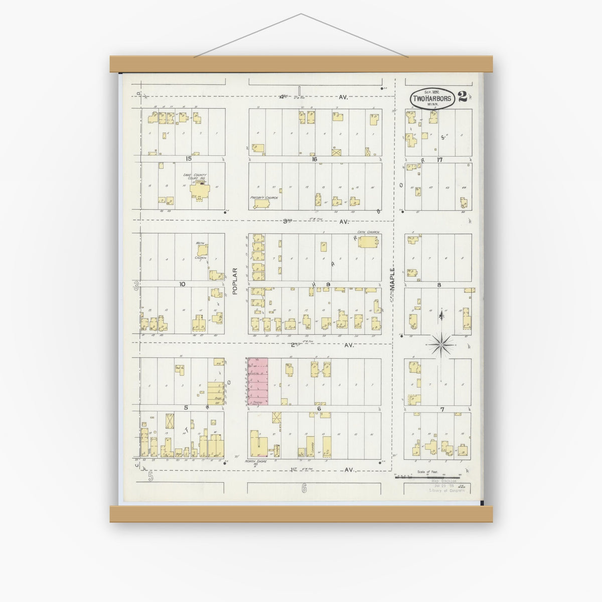 Old map wall art mockup — magnetic wood frame on white wall — Sanborn Fire Insurance Map from Two Harbors, Lake County, Minnesota (1892), Sheet #0002