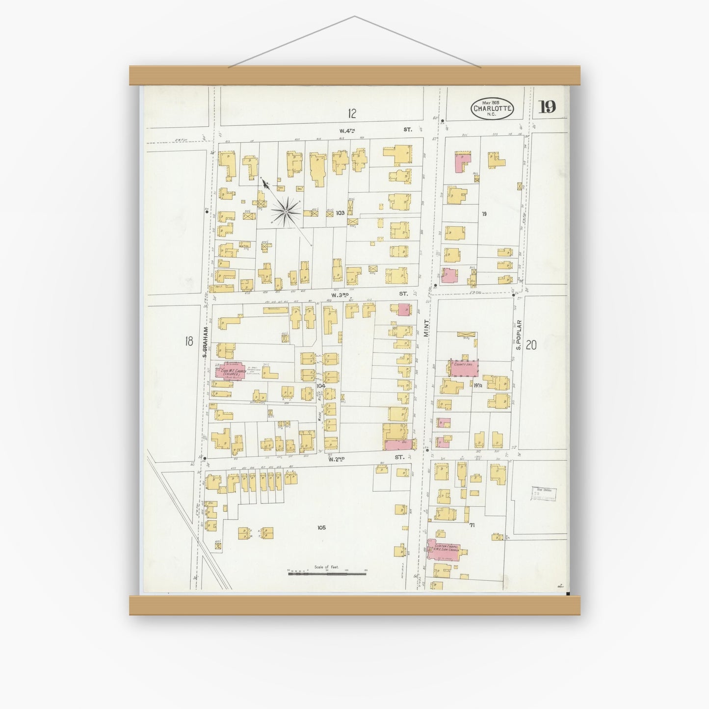 Old map wall art mockup — magnetic wood frame on white wall — Sanborn Fire Insurance Map from Charlotte, Mecklenburg County, North Carolina (1905), Sheet #0019