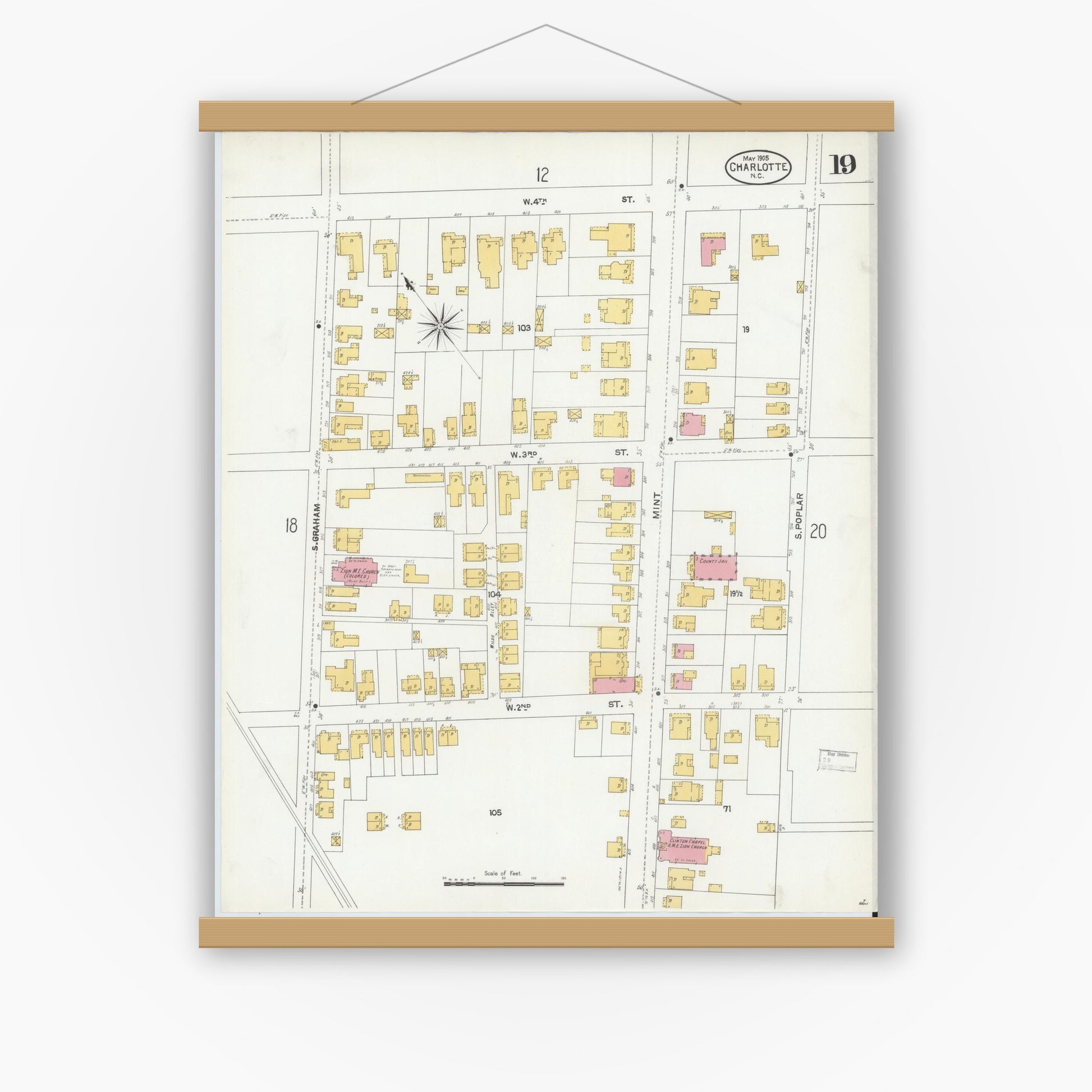 Old map wall art mockup — magnetic wood frame on white wall — Sanborn Fire Insurance Map from Charlotte, Mecklenburg County, North Carolina (1905), Sheet #0019