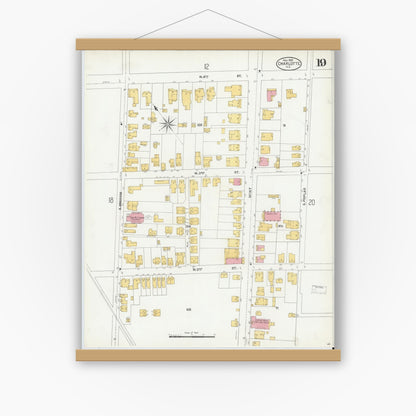 Old map wall art mockup — magnetic wood frame on white wall — Sanborn Fire Insurance Map from Charlotte, Mecklenburg County, North Carolina (1905), Sheet #0019