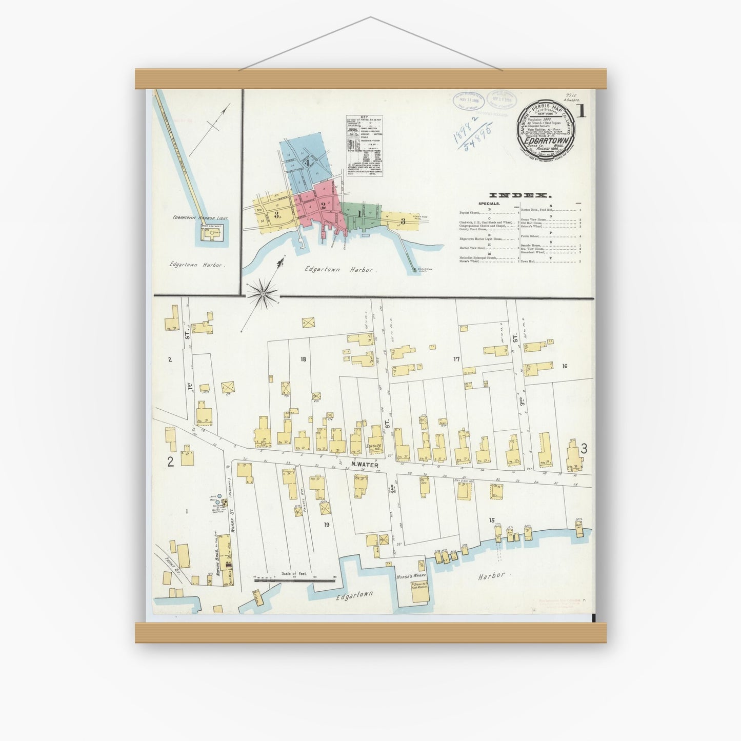 Old map wall art mockup — magnetic wood frame on white wall — Sanborn Fire Insurance Map from Edgartown, Dukes County, Massachusetts (1898), Sheet #0001