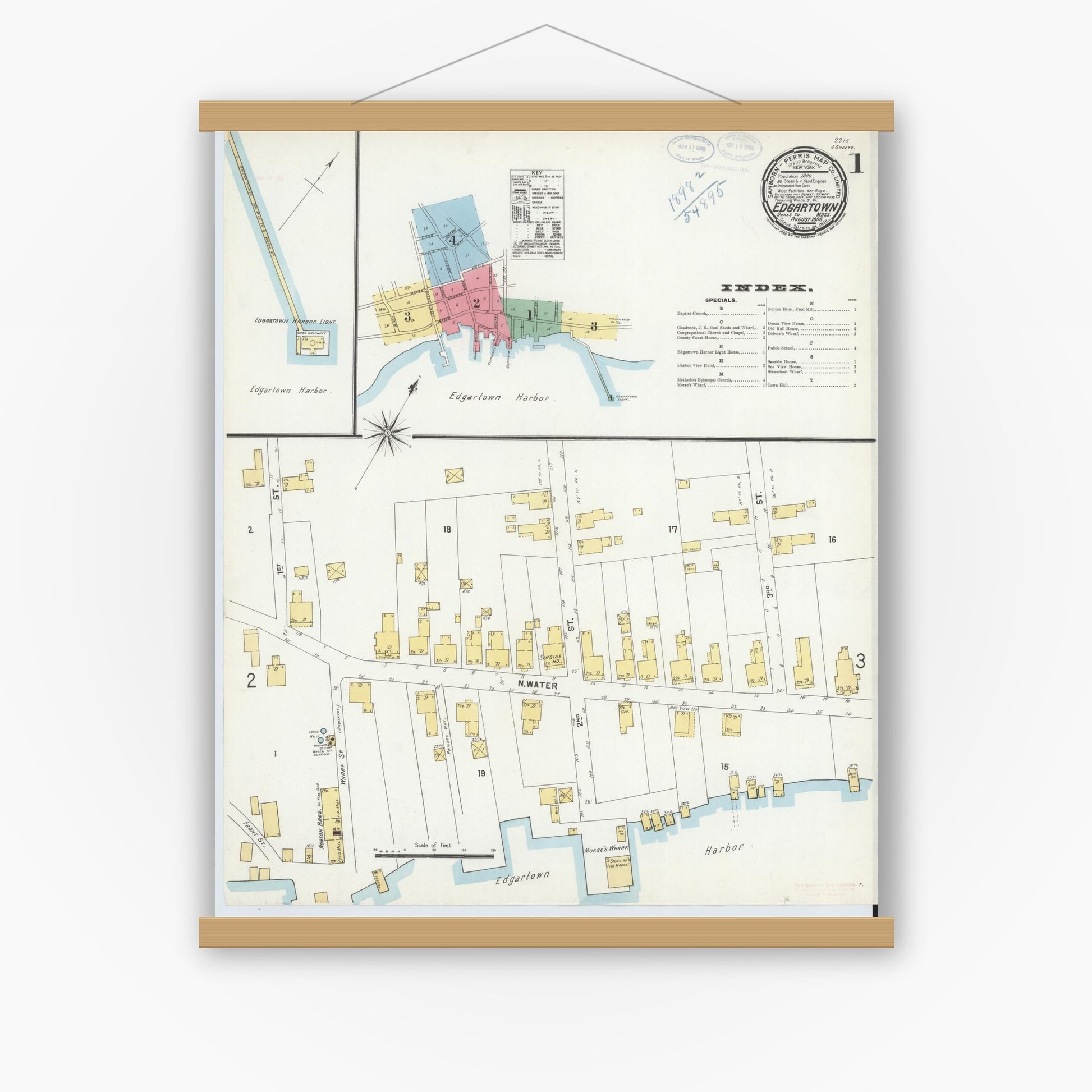 Old map wall art mockup — magnetic wood frame on white wall — Sanborn Fire Insurance Map from Edgartown, Dukes County, Massachusetts (1898), Sheet #0001