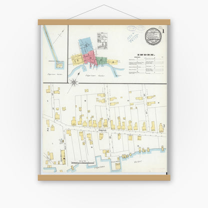 Old map wall art mockup — magnetic wood frame on white wall — Sanborn Fire Insurance Map from Edgartown, Dukes County, Massachusetts (1898), Sheet #0001