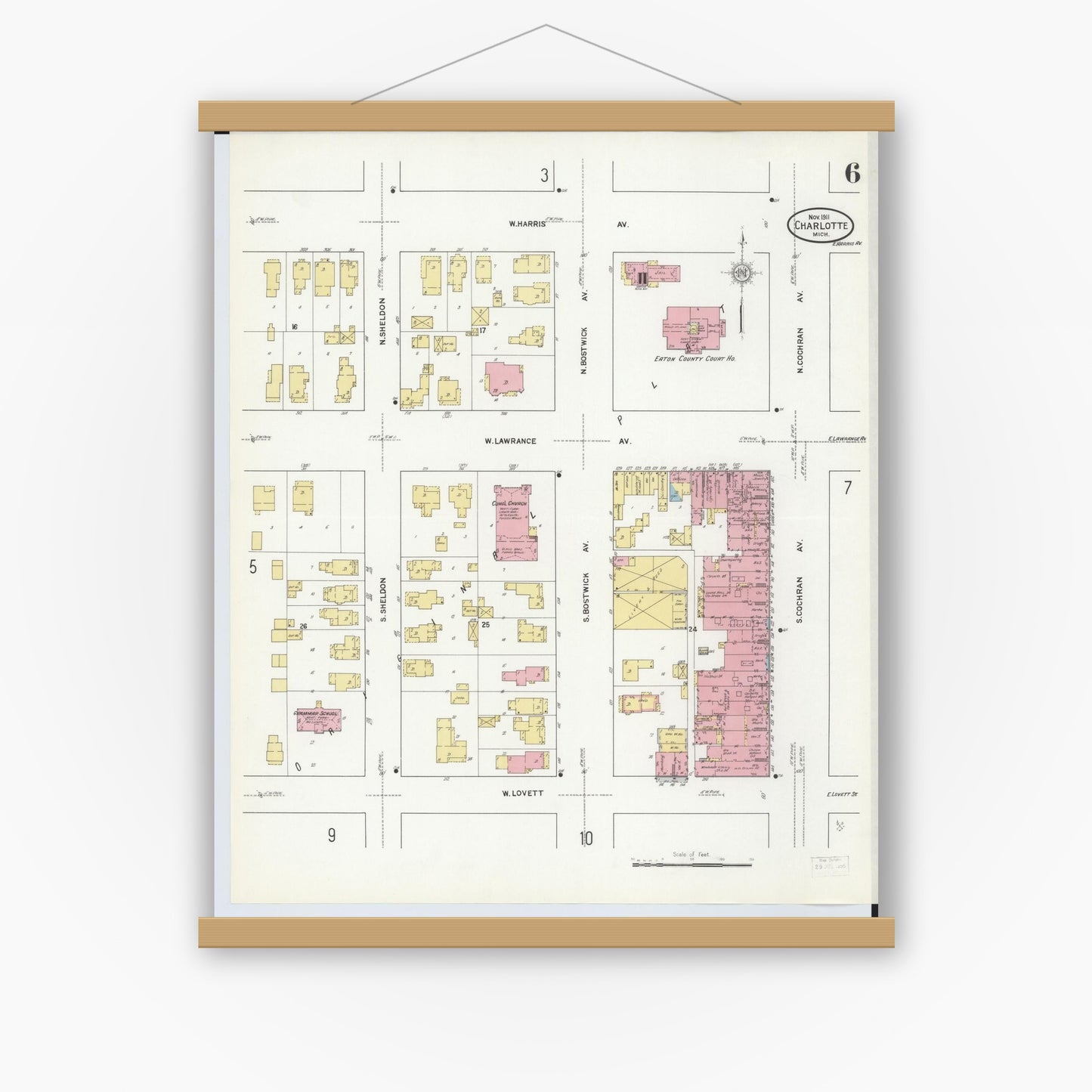 Old map wall art mockup — magnetic wood frame on white wall — Sanborn Fire Insurance Map from Charlotte, Eaton County, Michigan (1911), Sheet #0006