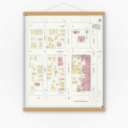 Old map wall art mockup — magnetic wood frame on white wall — Sanborn Fire Insurance Map from Charlotte, Eaton County, Michigan (1911), Sheet #0006