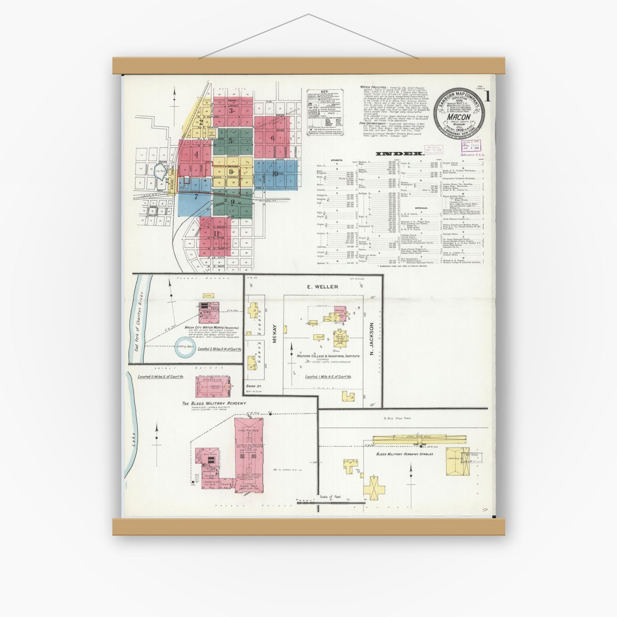 Old map wall art mockup — magnetic wood frame on white wall — Sanborn Fire Insurance Map from Macon, Macon County, Missouri (1909), Sheet #0001