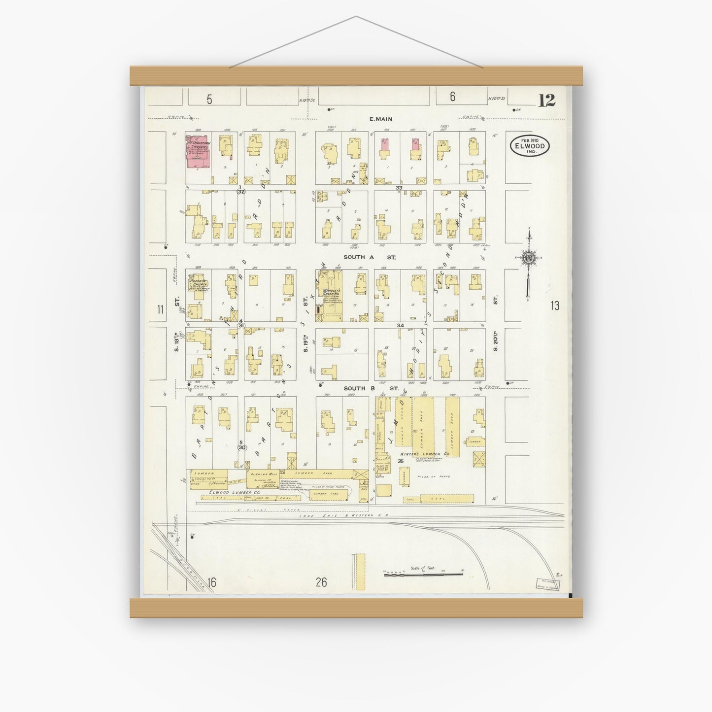 Old map wall art mockup — magnetic wood frame on white wall — Sanborn Fire Insurance Map from Elwood, Madison County, Indiana (1910), Sheet #0012