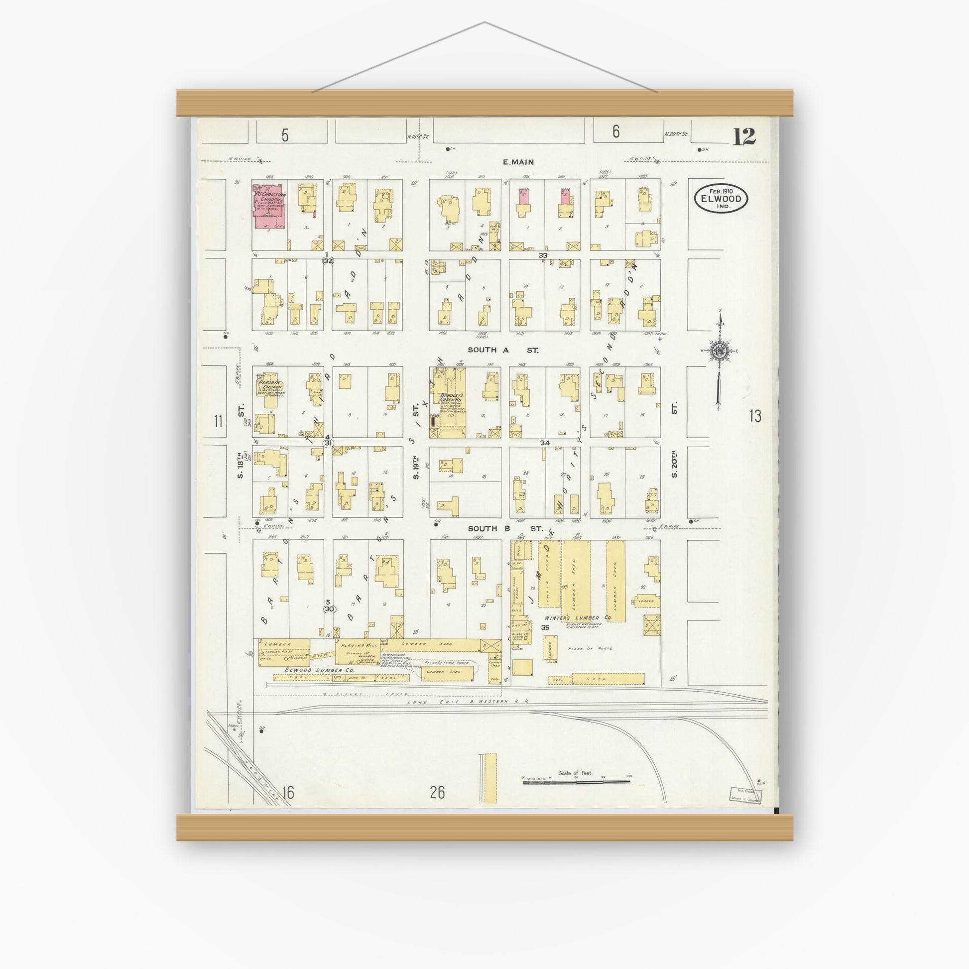 Old map wall art mockup — magnetic wood frame on white wall — Sanborn Fire Insurance Map from Elwood, Madison County, Indiana (1910), Sheet #0012