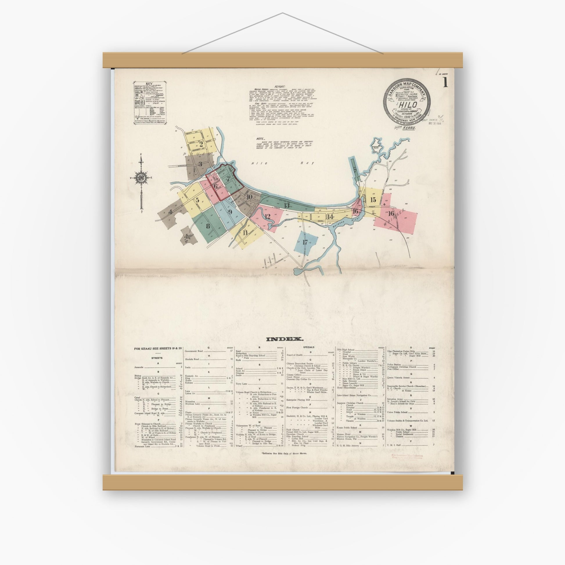 Old map wall art mockup — magnetic wood frame on white wall — Sanborn Fire Insurance Map from Hilo, Hawaii County, Hawaii (1914), Sheet #0001