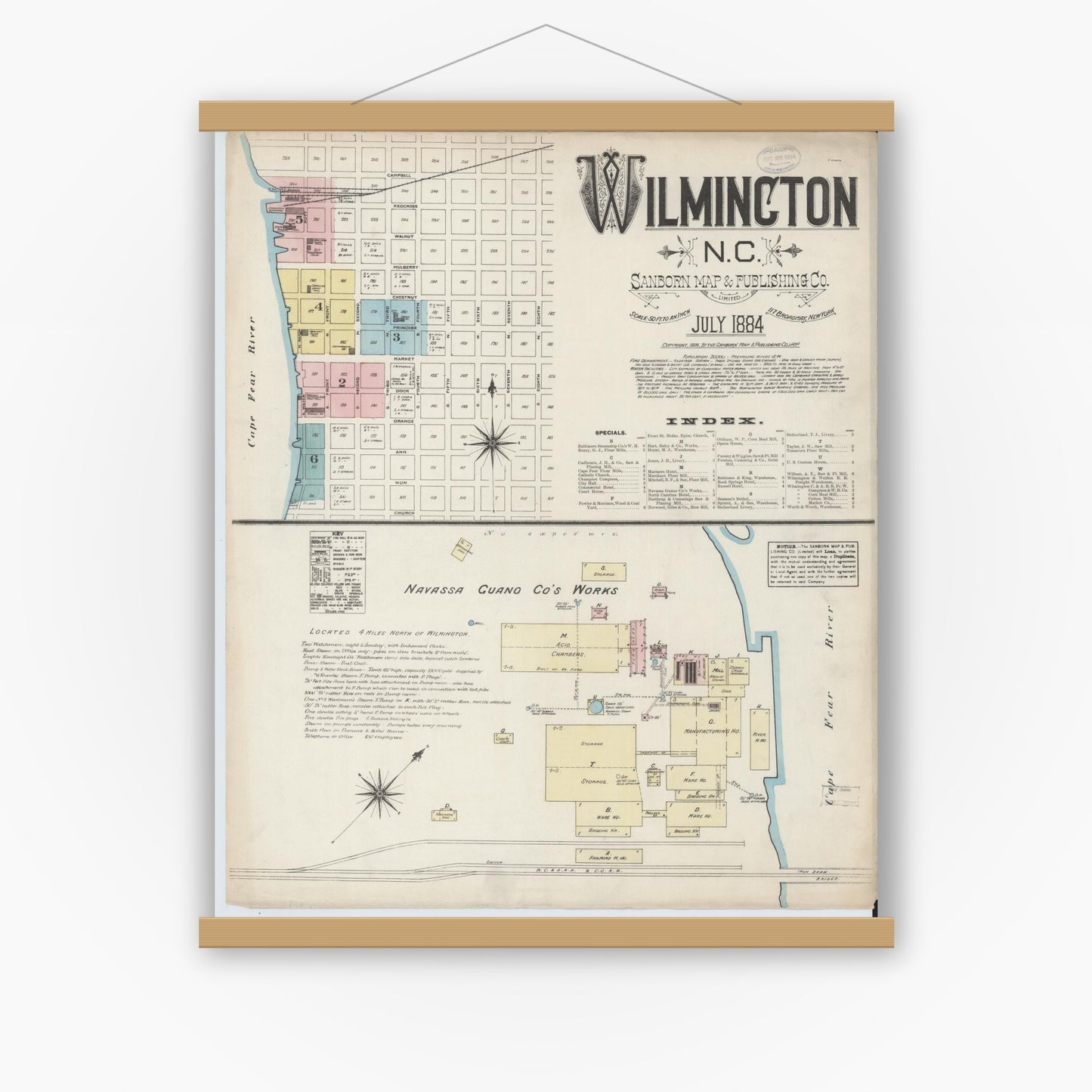 Old map wall art mockup — magnetic wood frame on white wall — Sanborn Fire Insurance Map from Wilmington, New Hanover County, North Carolina (1884), Sheet #0001