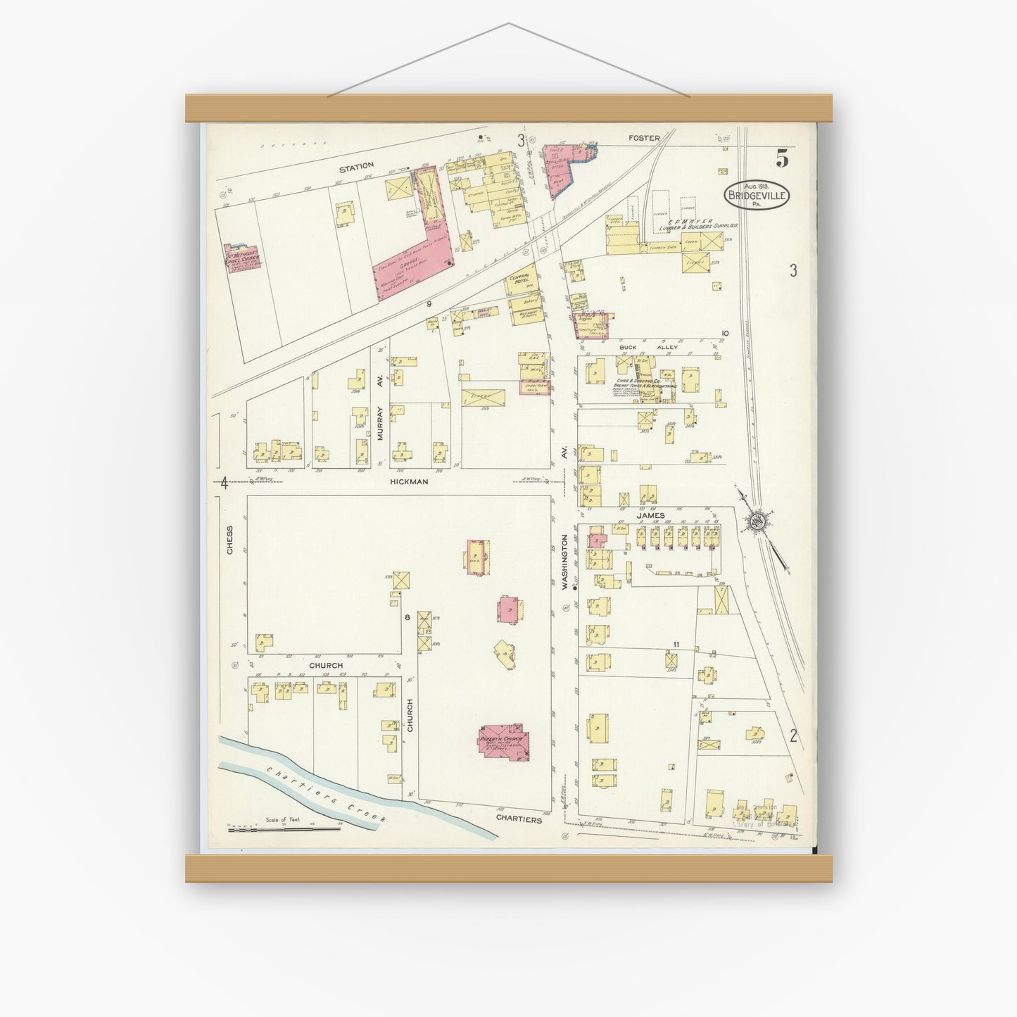 Old map wall art mockup — magnetic wood frame on white wall — Sanborn Fire Insurance Map from Bridgeville, Allegheny County, Pennsylvania (1913), Sheet #0005