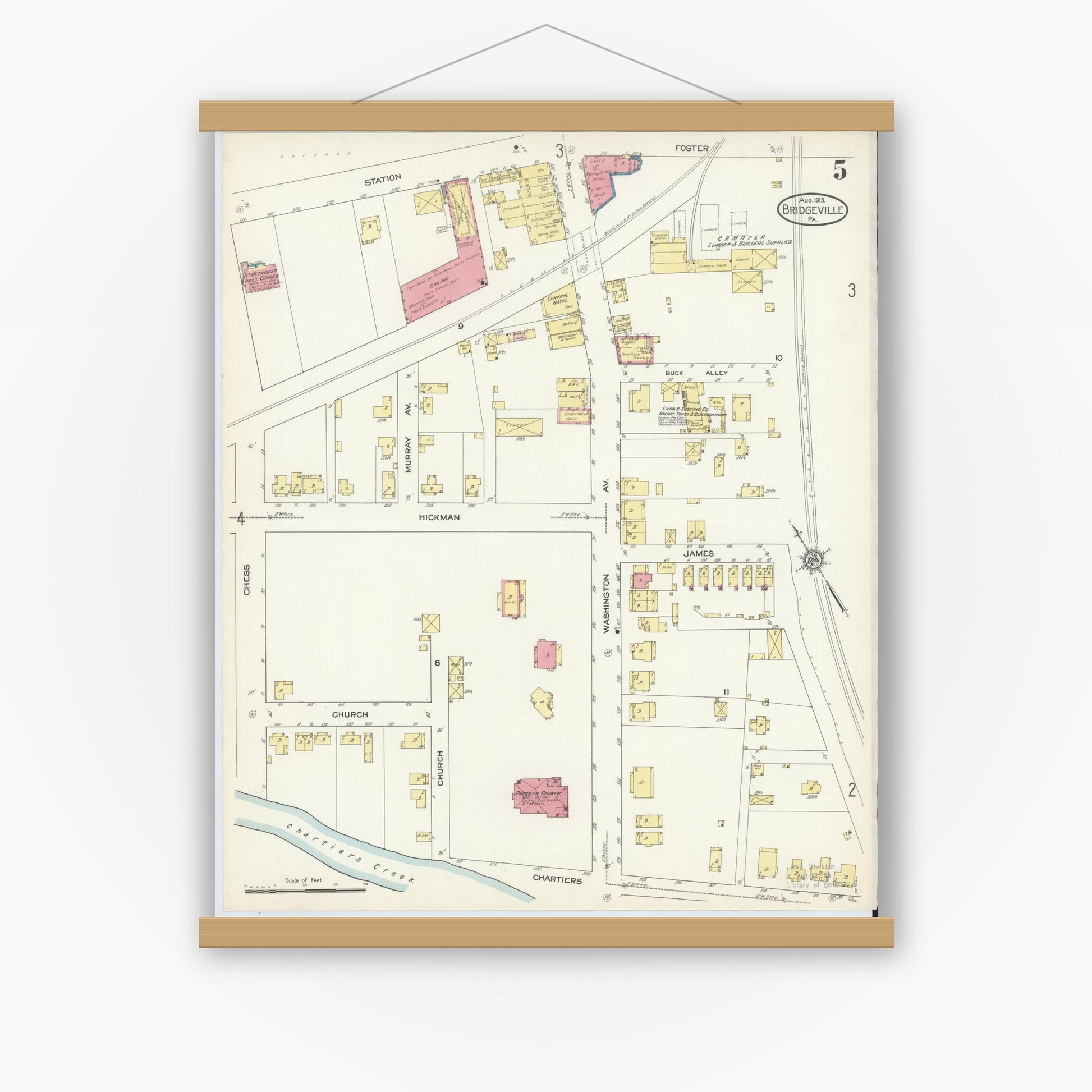 Old map wall art mockup — magnetic wood frame on white wall — Sanborn Fire Insurance Map from Bridgeville, Allegheny County, Pennsylvania (1913), Sheet #0005