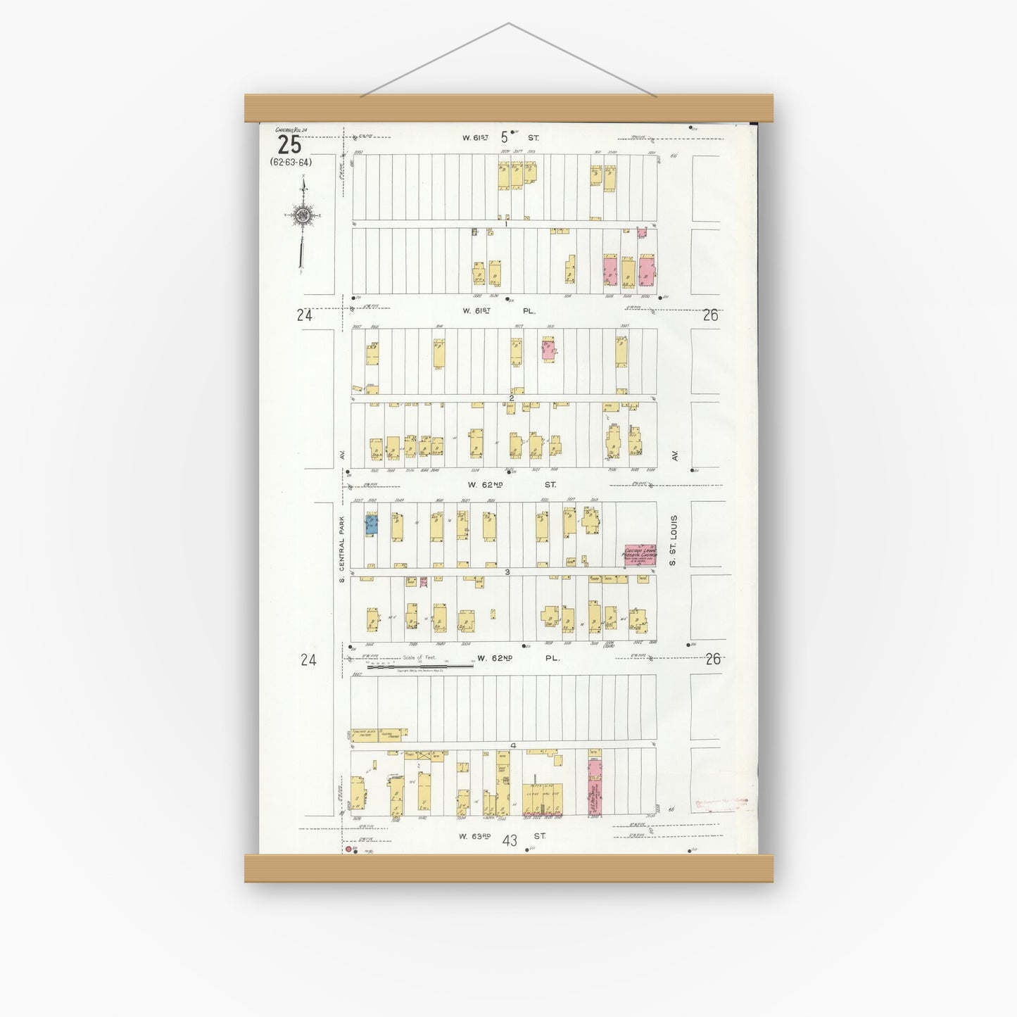 Old map wall art mockup — magnetic wood frame on white wall — Sanborn Fire Insurance Map from Chicago, Cook County, Illinois (1920), Sheet #0025