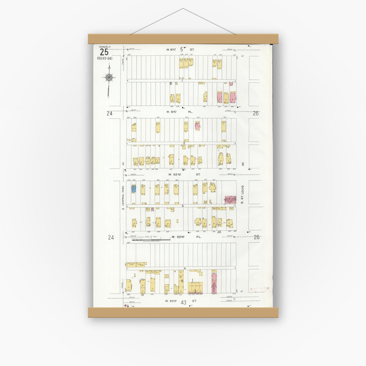 Old map wall art mockup — magnetic wood frame on white wall — Sanborn Fire Insurance Map from Chicago, Cook County, Illinois (1920), Sheet #0025