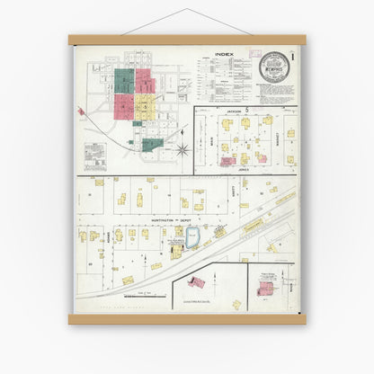 Old map wall art mockup — magnetic wood frame on white wall — Sanborn Fire Insurance Map from Memphis, Scotland County, Missouri (1909), Sheet #0001