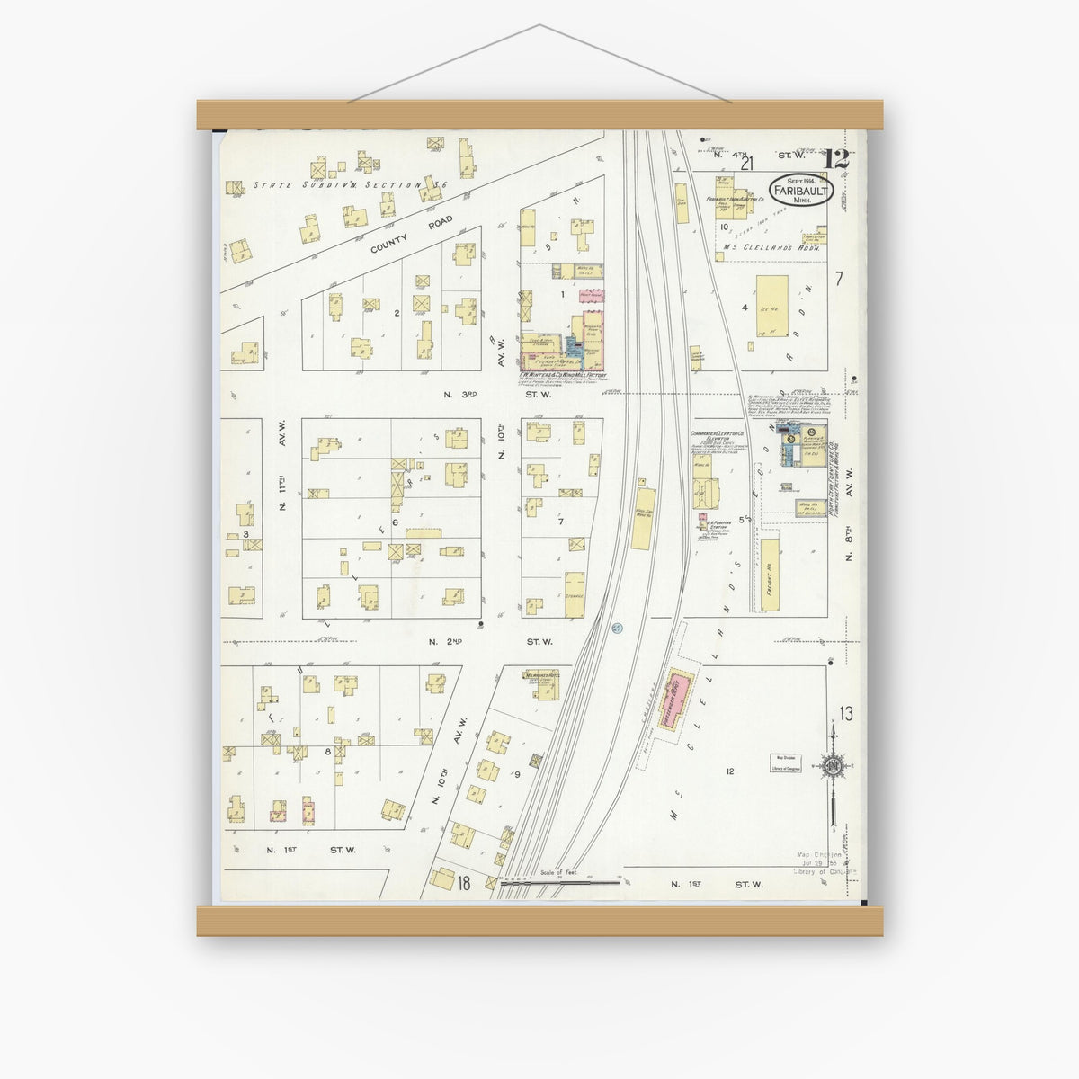 Old map wall art mockup — magnetic wood frame on white wall — Sanborn Fire Insurance Map from Faribault, Rice County, Minnesota (1914), Sheet #0012
