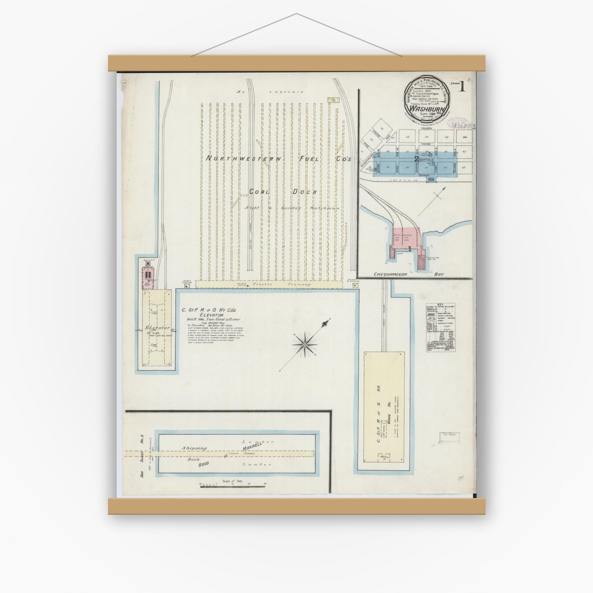 Old map wall art mockup — magnetic wood frame on white wall — Sanborn Fire Insurance Map from Washburn, Bayfield County, Wisconsin (1886) - Complete Map Set