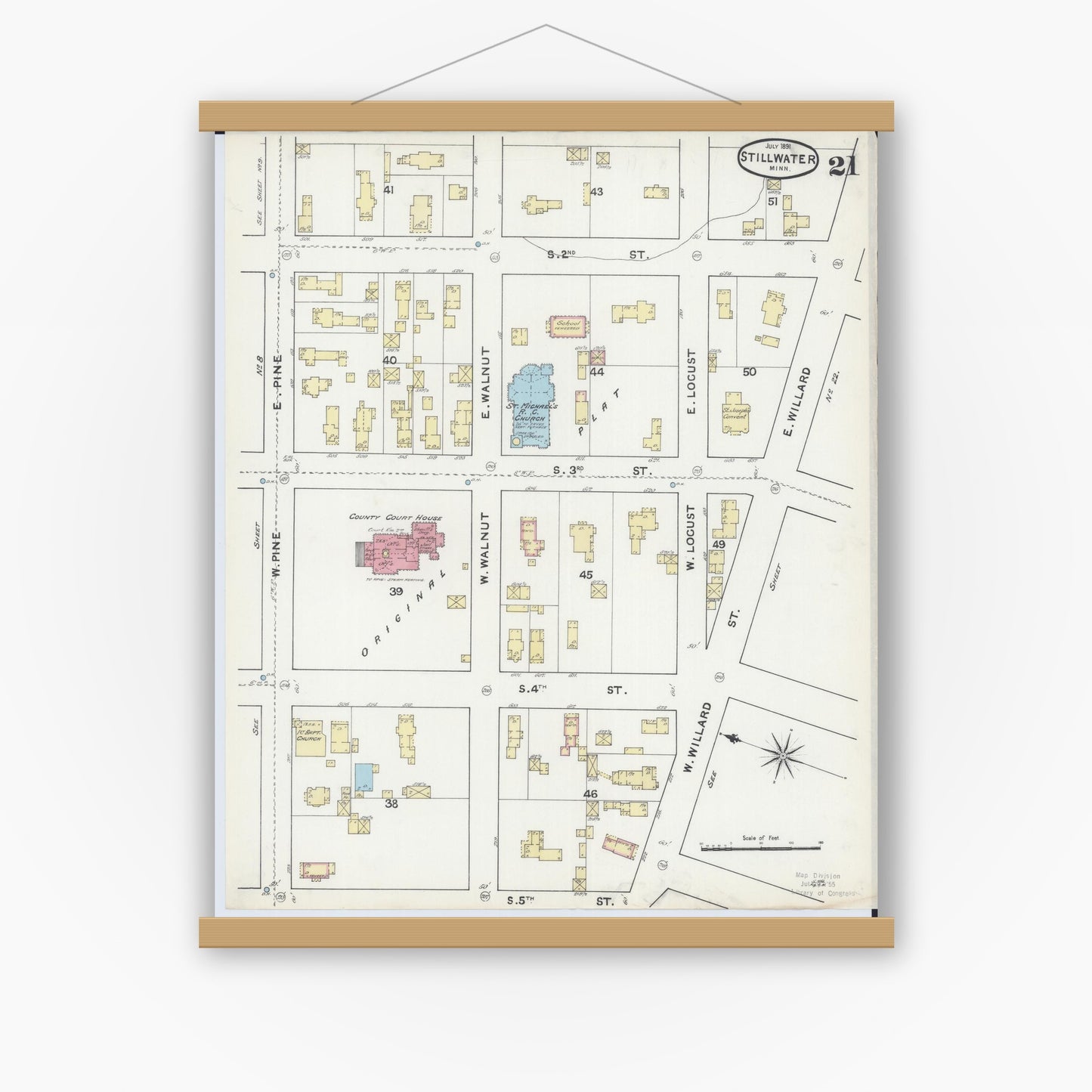 Old map wall art mockup — magnetic wood frame on white wall — Sanborn Fire Insurance Map from Stillwater, Washington County, Minnesota (1891), Sheet #0021