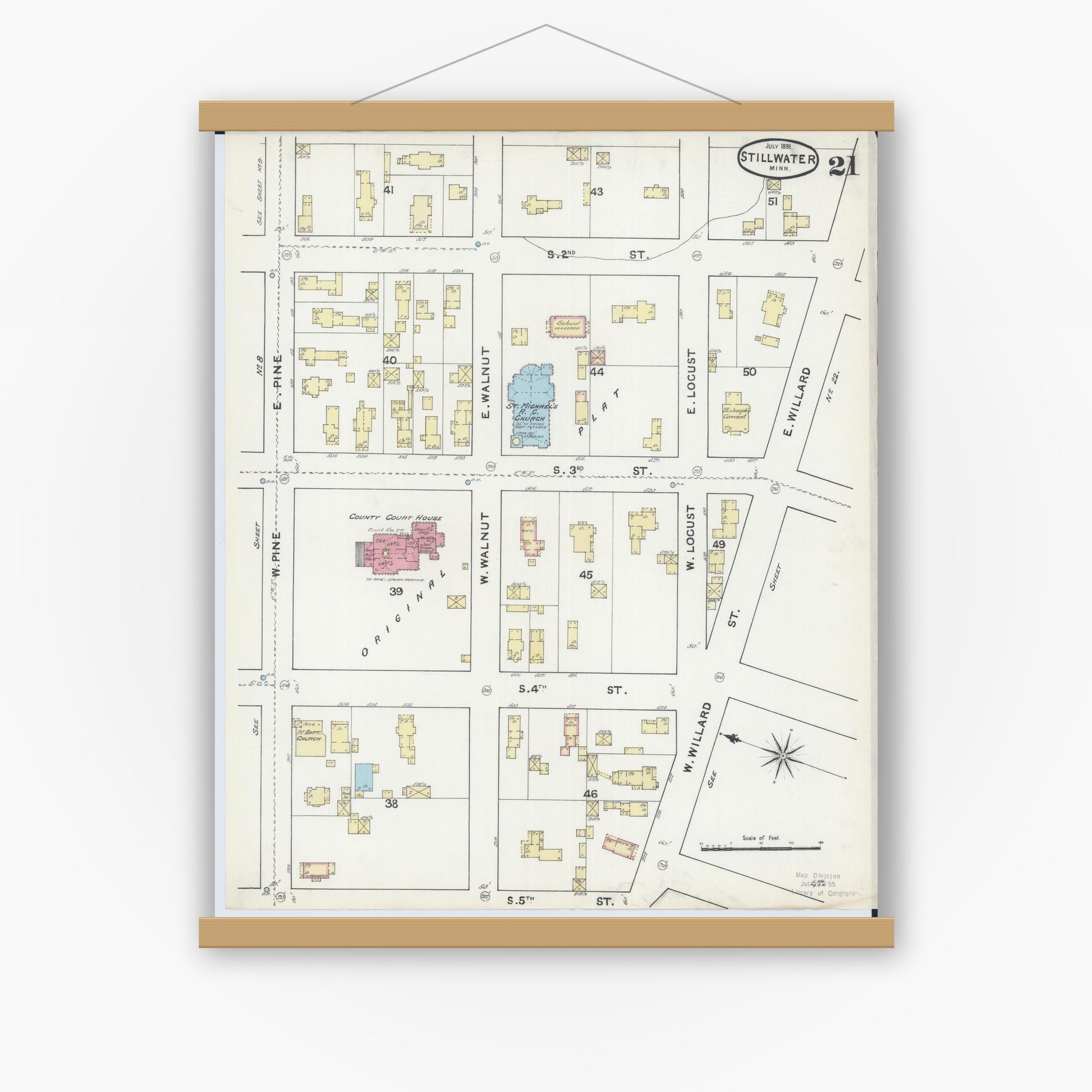 Old map wall art mockup — magnetic wood frame on white wall — Sanborn Fire Insurance Map from Stillwater, Washington County, Minnesota (1891), Sheet #0021