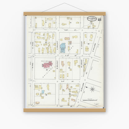 Old map wall art mockup — magnetic wood frame on white wall — Sanborn Fire Insurance Map from Stillwater, Washington County, Minnesota (1891), Sheet #0021