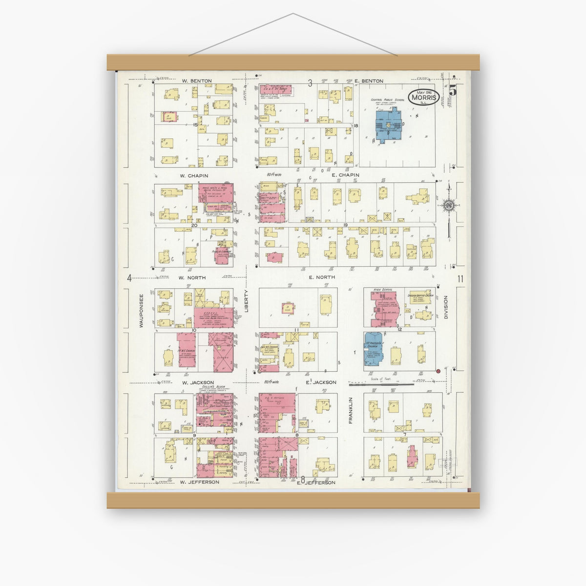 Old map wall art mockup — magnetic wood frame on white wall — Sanborn Fire Insurance Map from Morris, Grundy County, Illinois (1916), Sheet #0005
