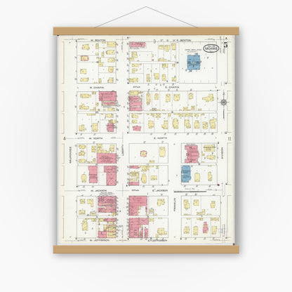 Old map wall art mockup — magnetic wood frame on white wall — Sanborn Fire Insurance Map from Morris, Grundy County, Illinois (1916), Sheet #0005