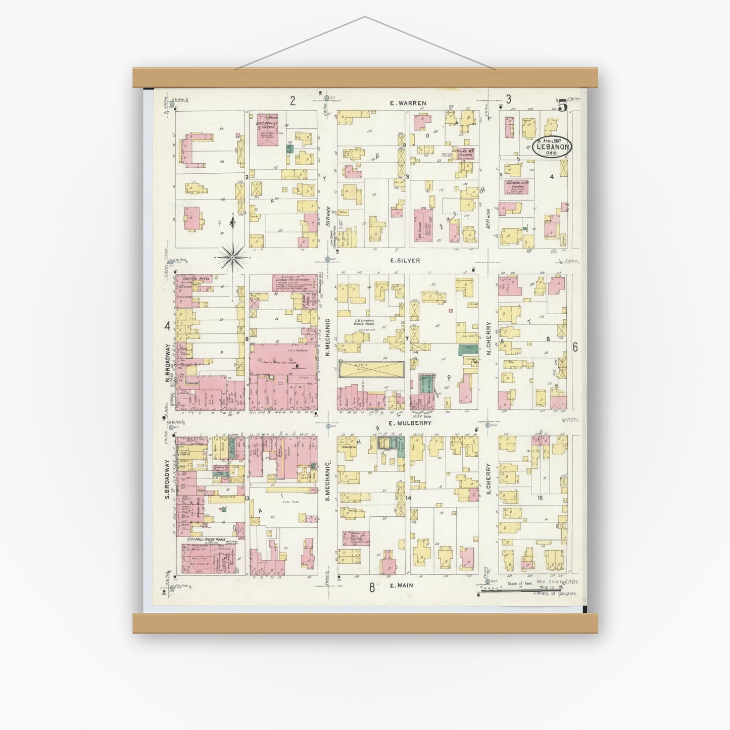 Old map wall art mockup — magnetic wood frame on white wall — Sanborn Fire Insurance Map from Lebanon, Warren County, Ohio (1907), Sheet #0005