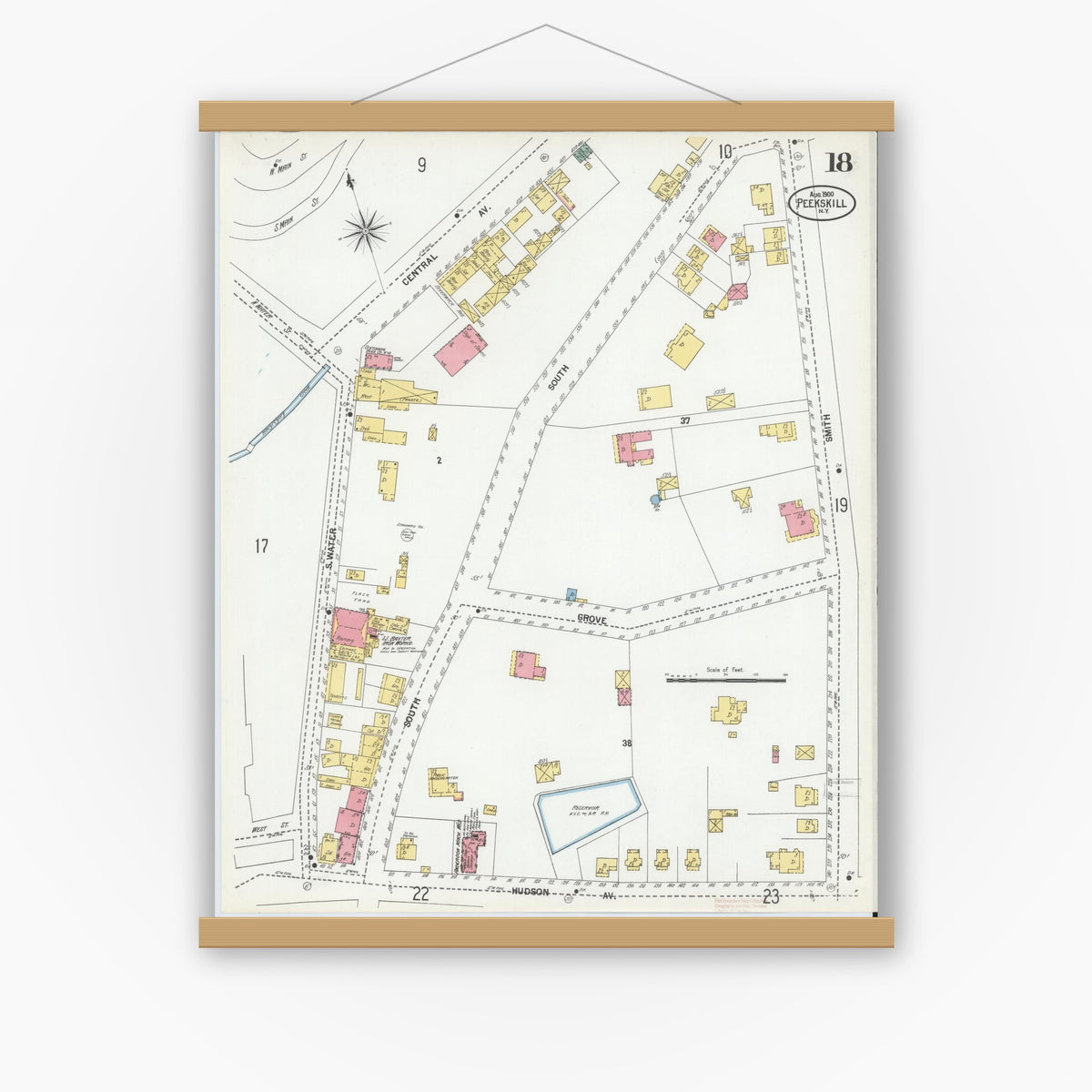 Old map wall art mockup — magnetic wood frame on white wall — Sanborn Fire Insurance Map from Peekskill, Westchester County, New York (1900), Sheet #0018