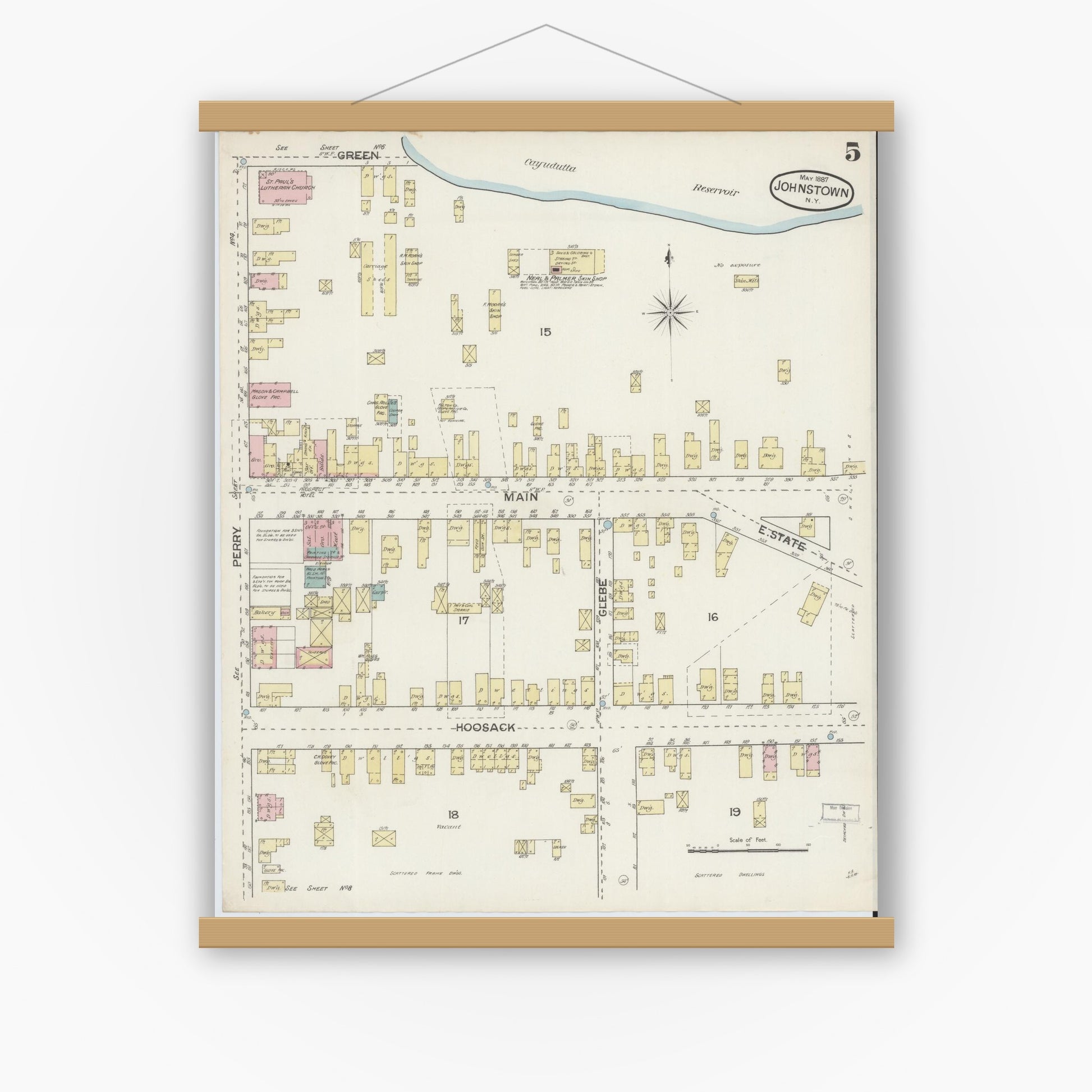 Old map wall art mockup — magnetic wood frame on white wall — Sanborn Fire Insurance Map from Johnstown, Fulton County, New York (1887), Sheet #0005