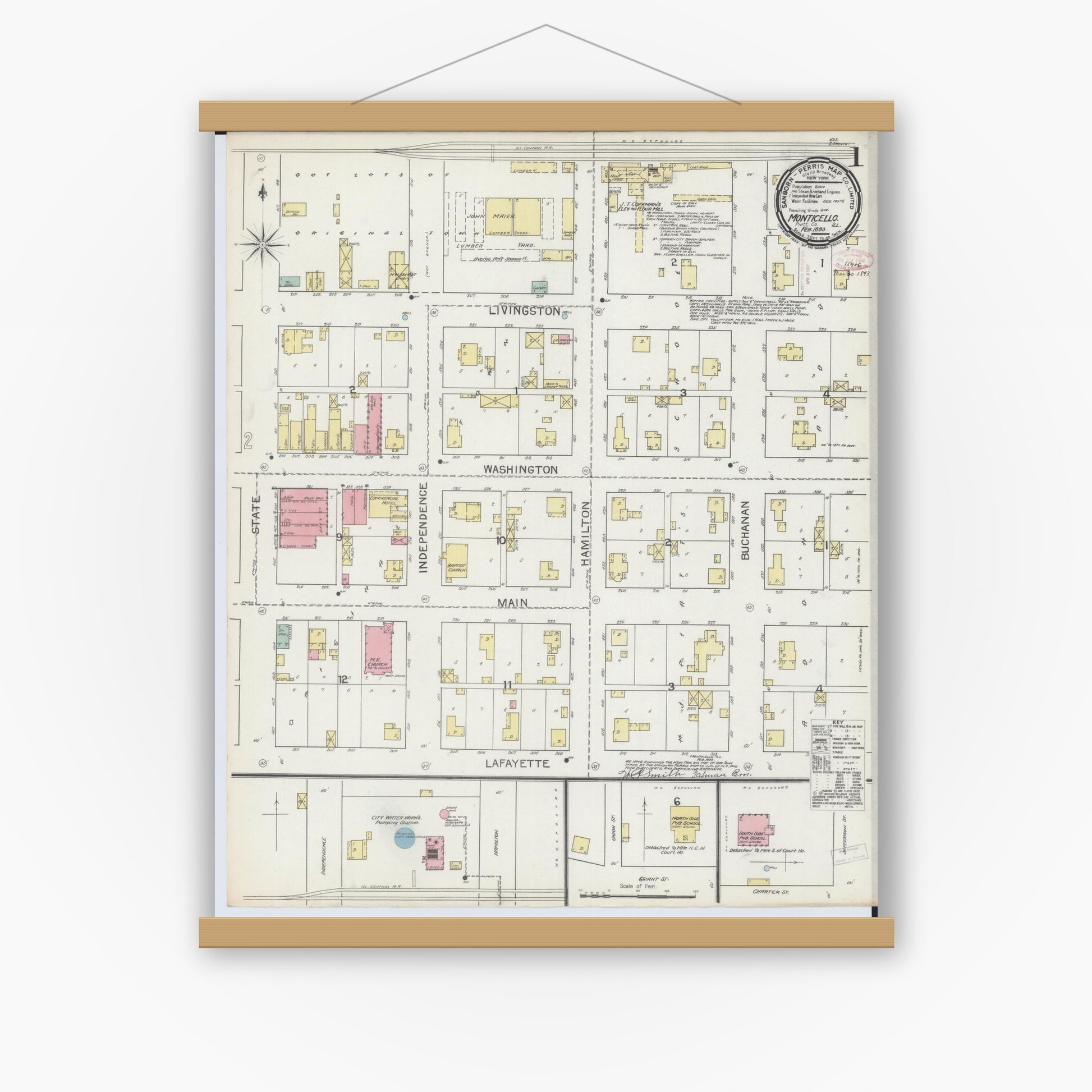 Old map wall art mockup — magnetic wood frame on white wall — Sanborn Fire Insurance Map from Monticello, Piatt County, Illinois (1893) - Complete Map Set